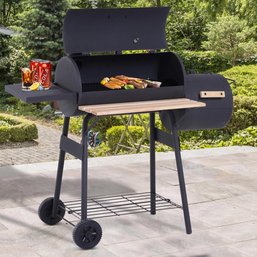 Barbecue a Carbone con Coperchio e Affumicatore Smoker, BBQ da Giardino con Ruote, Termometro e Ripiani, Nero