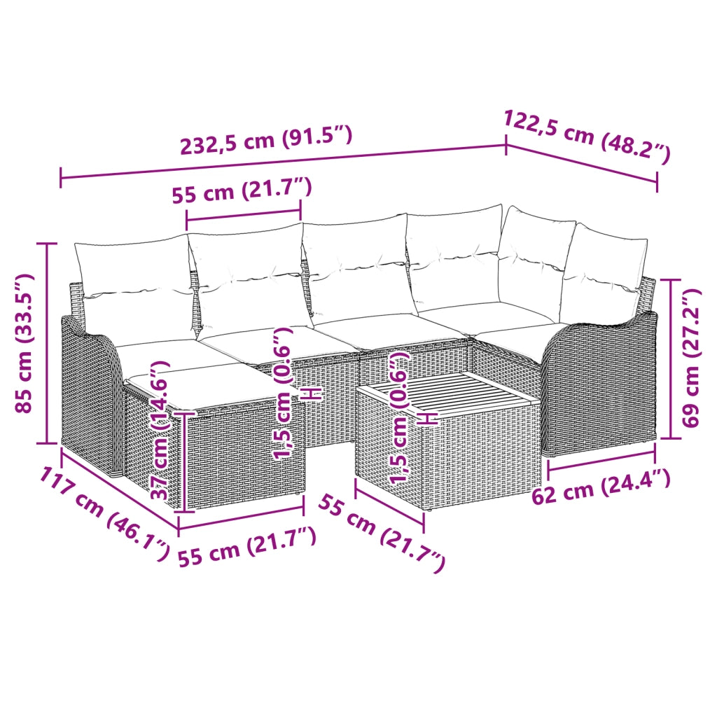 Set di divani da giardino a 7 pezzi con cuscini grigio polyrattan acacia