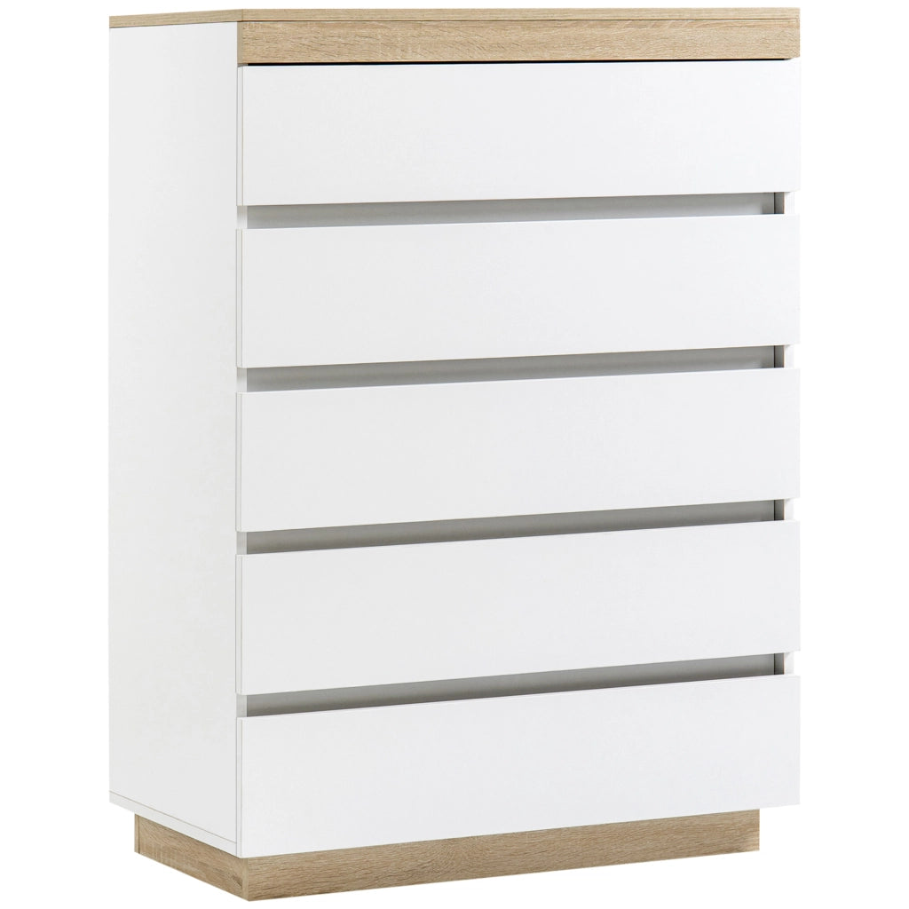 Cassettiera 5 Cassetti Minimal in Legno, 80x40x109 cm, Bianco e color Rovere