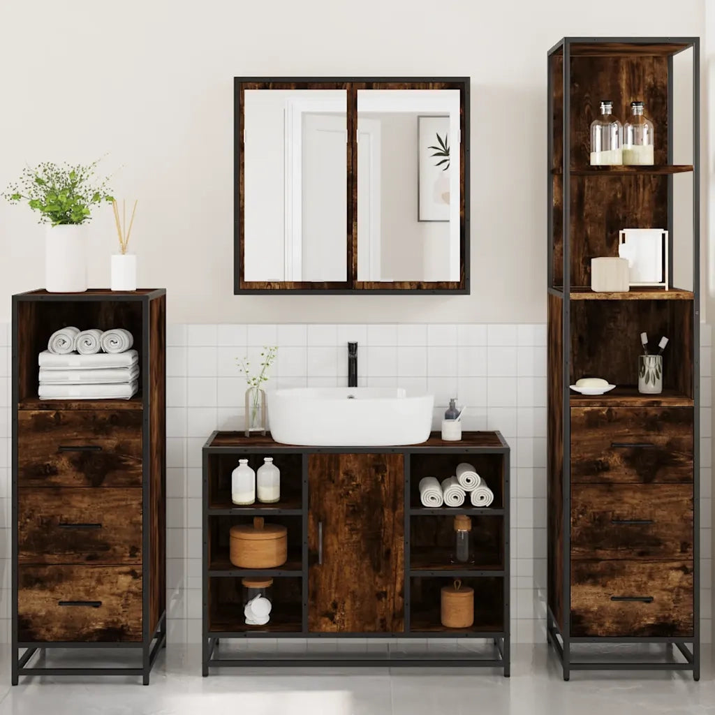 Set Mobili da Bagno 4 pz Rovere Fumo in Legno Multistrato