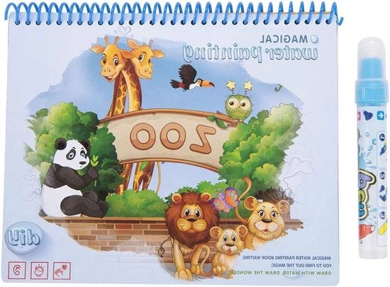 Attività di colore con rivelazione acqua per bambini - Libro da colorare e disegnare con stili acqua riutilizzabili per attività di scoperta con tema zoo