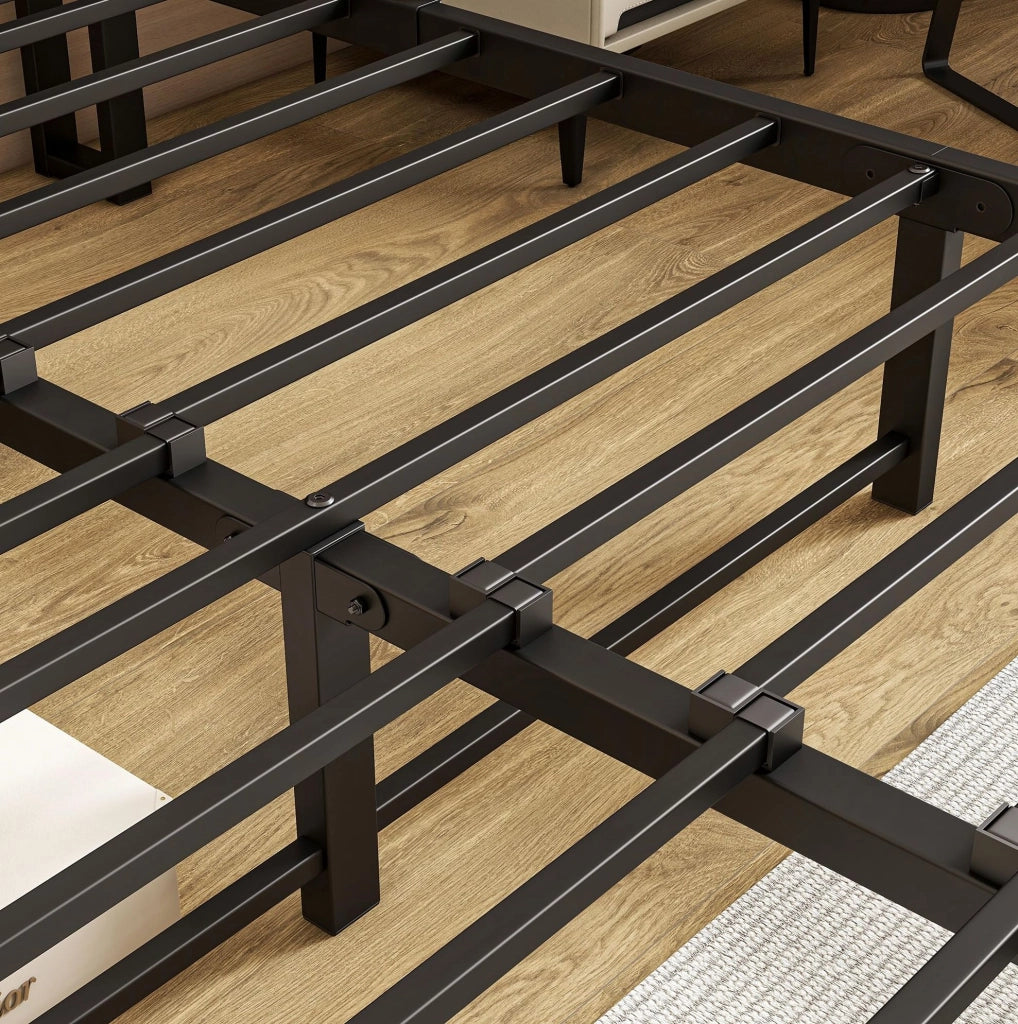 Struttura letto 140x190 cm in metallo e MDF con testiera a 2 ripiani; USB e presa; nera