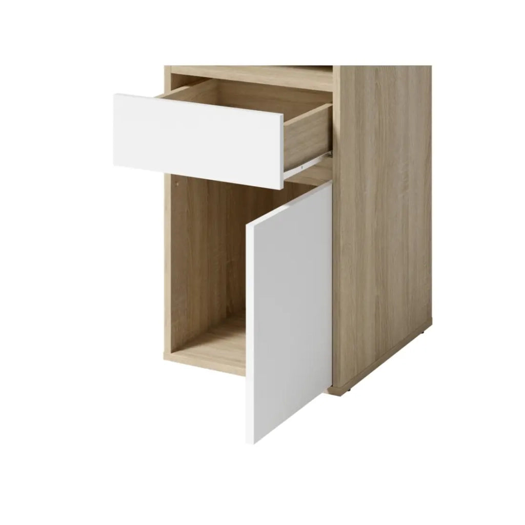 Scrivania BILOU in rovere e bianco - 1 cassetto, 1 porta e 2 nicchie - Design bicolore e spazi di stoccaggio pratici