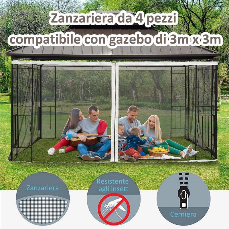 ZANZARIERA PER GAZEBO 3X3M CON CERNIERE E ANELLI, PANNELLI DA 302X207CM, NERO/BEIGE