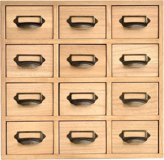 Organizzatore di cassetti in legno per scrivania, cassettiere, 12 cassetti, comodino in legno con maniglie in metallo, naturale