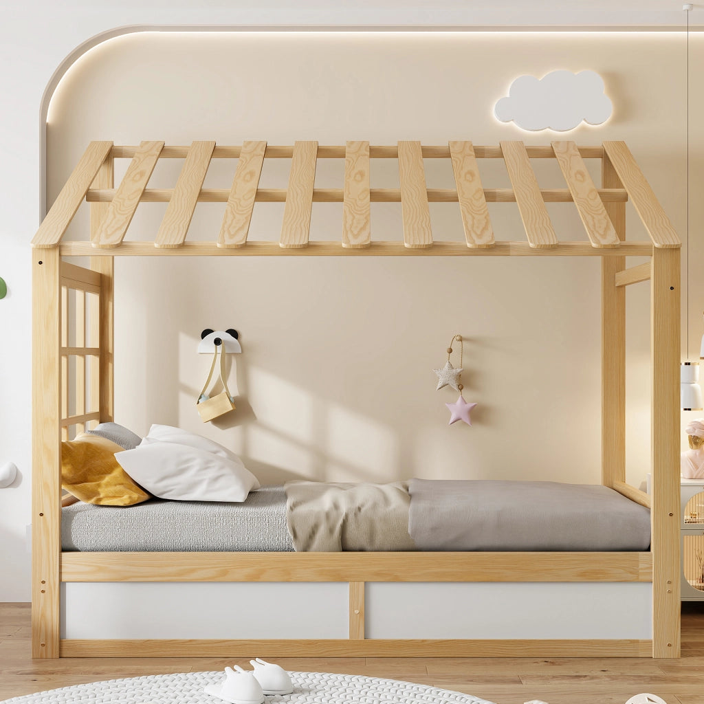 LETTO Bambini 90 x 200 cm in legno bianco e naturale con tetto, finestre e contenitore idraulico