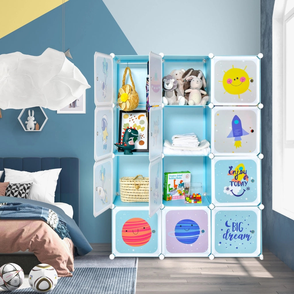 Armadio a 12 cubi per bambini con 2 barre appendiabiti motivi adorabili, Armadio per cameretta 109x37x145cm Azzurro-Armadi Appendiabiti