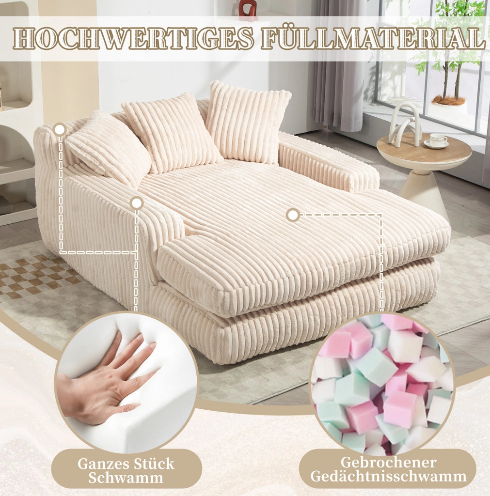 Chaise longue da interno in tessuto corduroy con 3 cuscini; 125x155x63 cm; beige