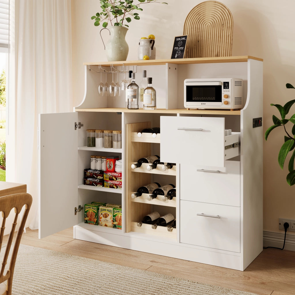 Credenza e madia con LED, presa elettrica, portabottiglie, 3 cassetti e ripiani, per cucina, 120 × 40 × 121 cm