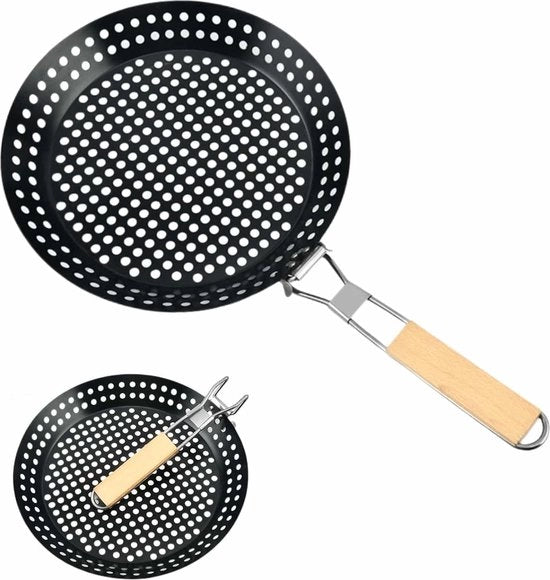 Grillpan Opvougbile con Fori 12" Antiaanbakgrillpan con Maniglia in Legno per Camping Cucina Esterna Kabob Grillpan