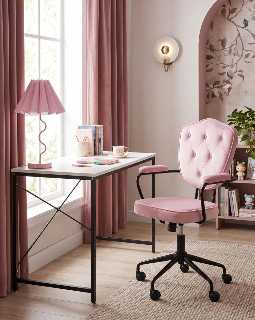 Sedia da ufficio in velluto rosa con seduta e schienale regolabili in altezza base completamente girevole stile glamour per l'ufficio domestico