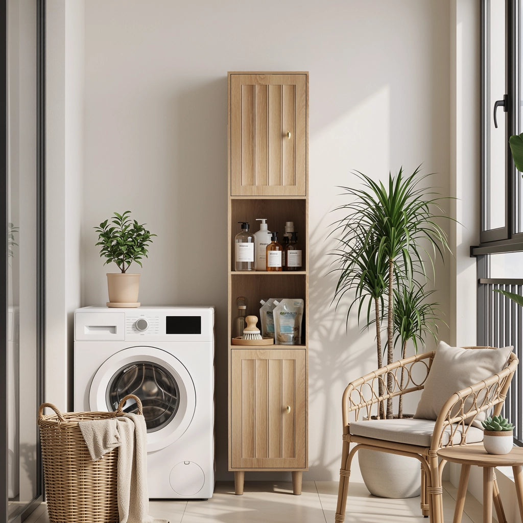 Armadietto da bagno con ante e vani aperti, stile mid-century, in MDF, rovere, per bagno e ingresso, 32 × 30 × 169 cm