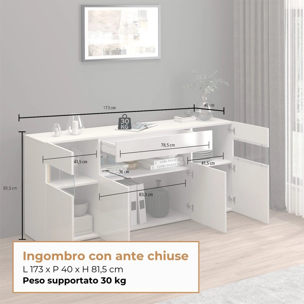 WHOUS Credenza Potenza con 4 ante e 1 cassetto bianco lucido 173x40x81,5 cm