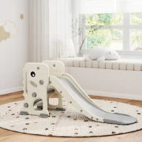 Scivolo per Bambini Pieghevole con Canestro e Palla da Basket, in PP e HDPE, 146x52x65 cm, Grigio e Crema