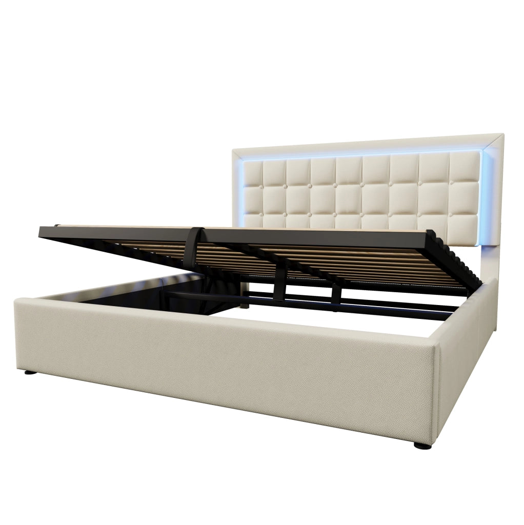 Letto contenitore 180x200 cm con LED e rete a doghe in PU bianco