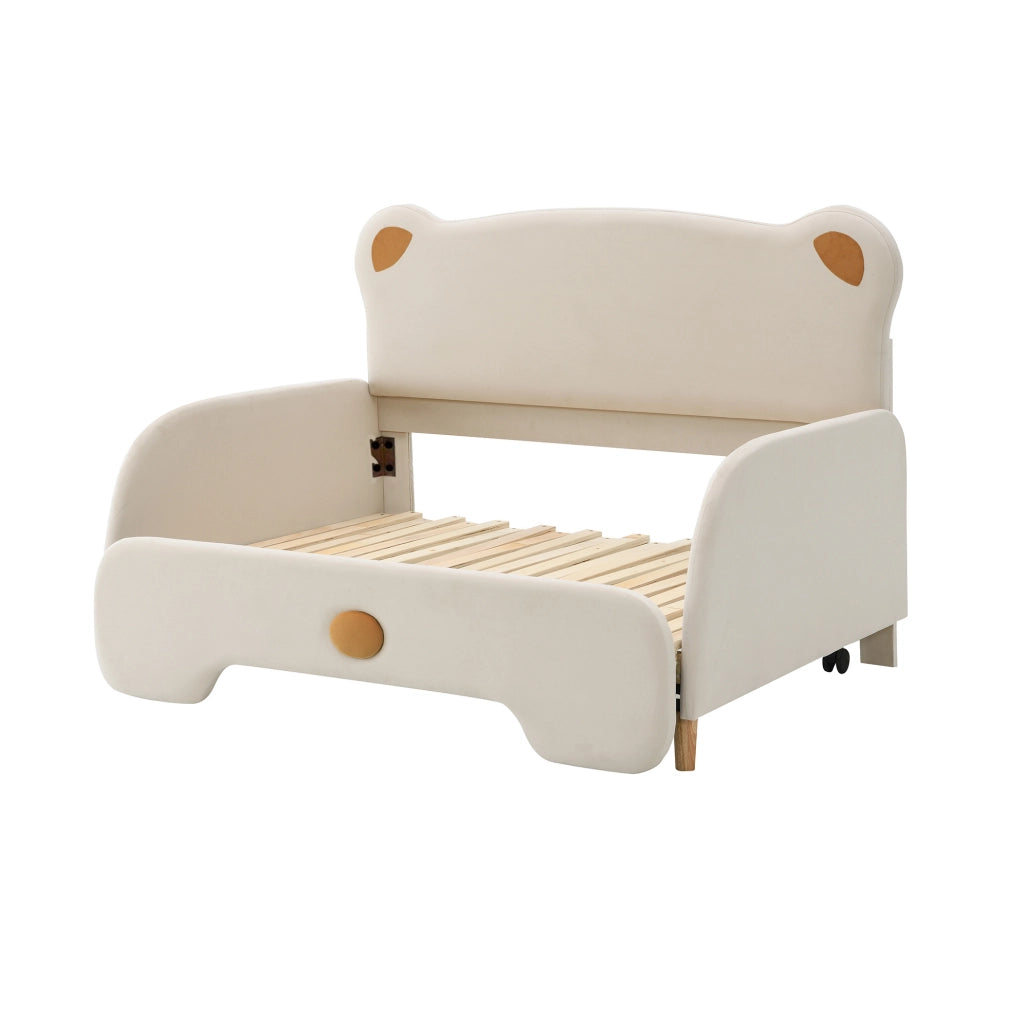 Letto matrimoniale 205x149x106.5 cm con sponde morbide; rete a doghe in legno; velluto beige