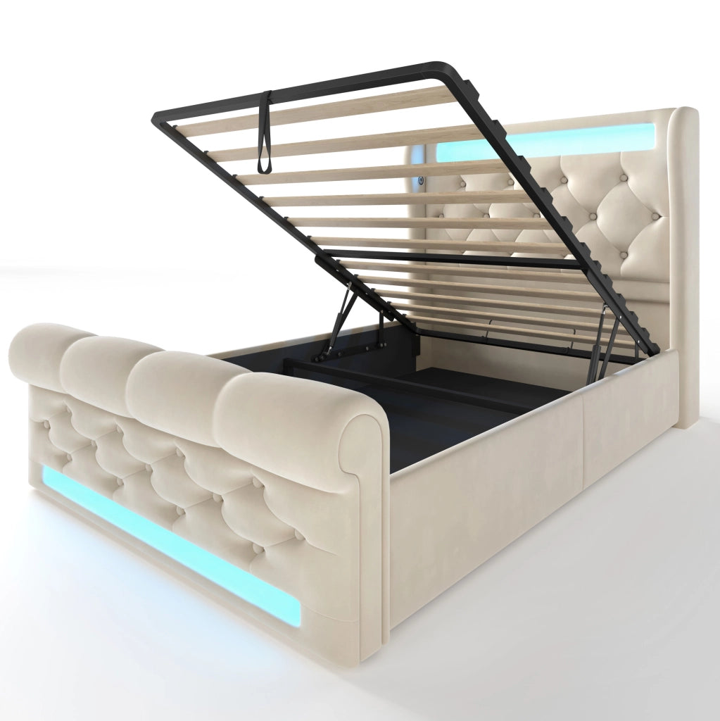 Letto singolo imbottito 90x200 cm in velluto beige con LED; ricarica USB e Type C; contenitore idraulico