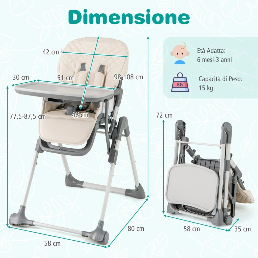 Seggiolone pieghevole per bambini con vassoio staccabile, Seggiolone portatile regolabile con poggiapiedi Beige-Seggioloni