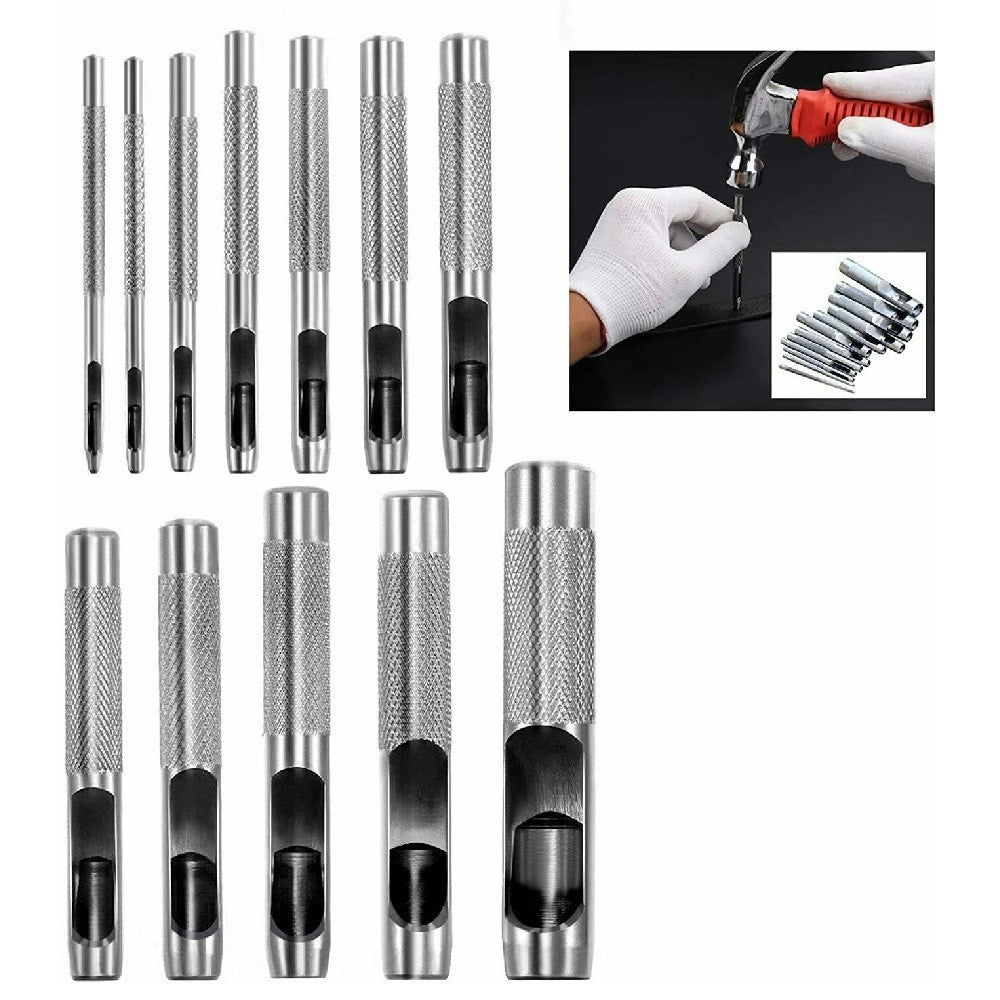 Trade Shop - Set 12 Fustelle Punzoni In Acciaio Per Cuoio Lamiere Stoffa Pelle Legno 3-19 Mm -