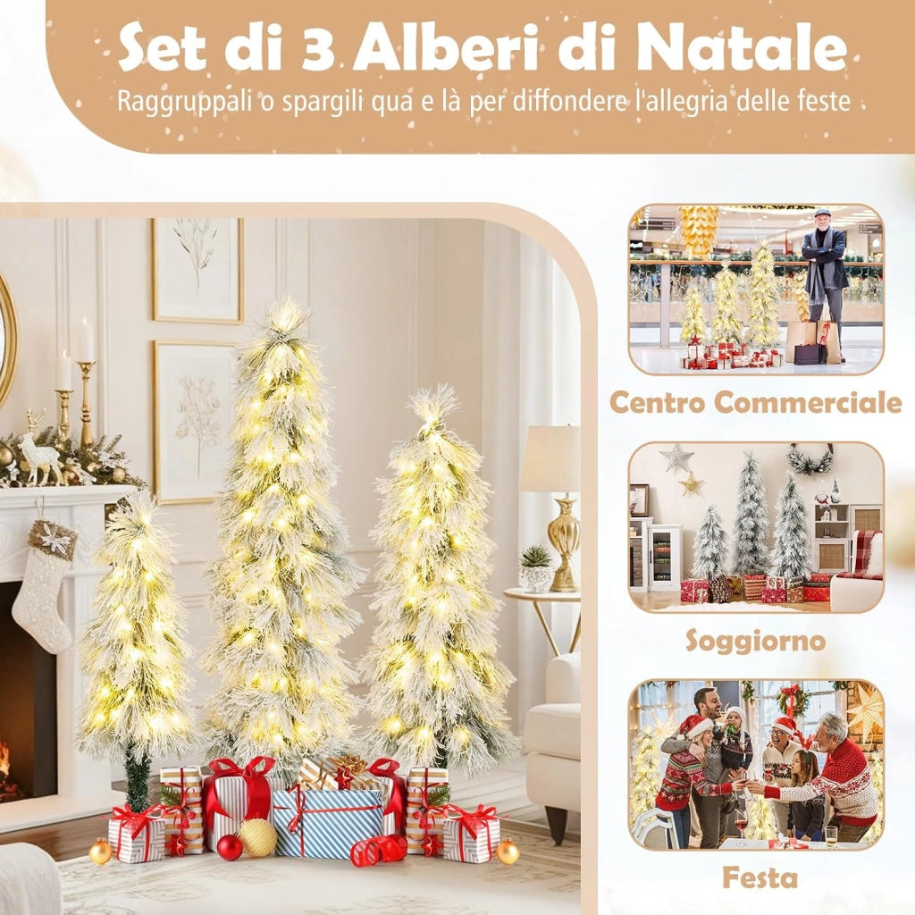 Set di 3 Alberi di Natale Artificiali, Alberi di Natale con Luci LED e Rami Densi e Realistici, Decorazione Natalizia per Casa, Ufficio e Negozio (Stile 4)