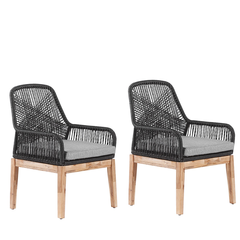 Sedie da pranzo da giardino per esterni Vimini neri Struttura in acciaio polipropilene Gambe in legno Acacia Design moderno Set di 2