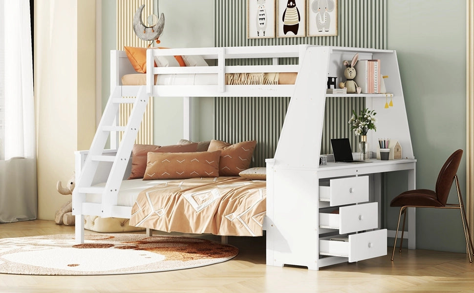 LETTO a castello con scrivania e libreria 90x200+140x200 cm Bianco
