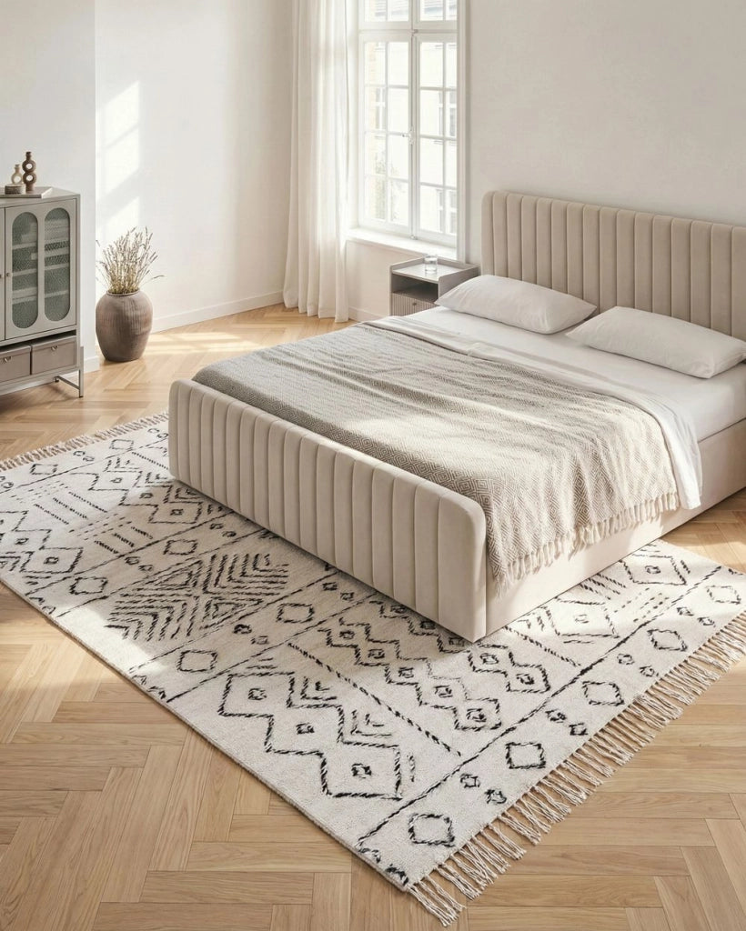 Tappeto in lana bianco sporco e nero con motivo azteco 140 x 200 cm a pelo basso Moderno Vintage