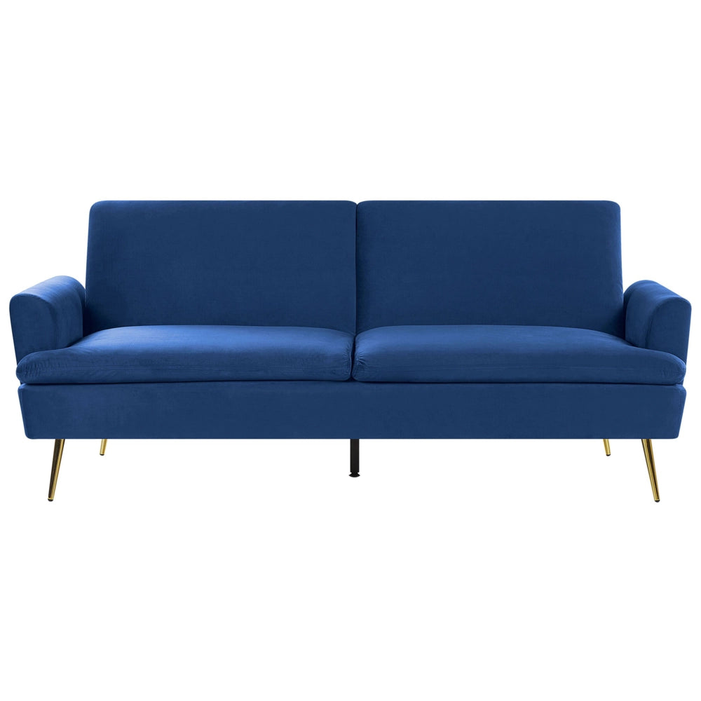 Divano Letto in Velluto Blu Navy 3 Posti Click Clack Gambe In Metallo Dorato