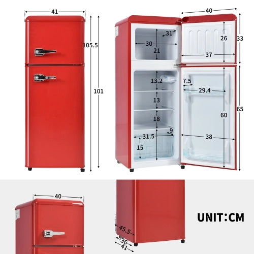 Frigorifero retrò; frigorifero congelatore; doppia porta; volume totale 92L; congelatore 28L; mensole alle porte; scaffali in vetro; luce LED; efficiente energetico; rosso