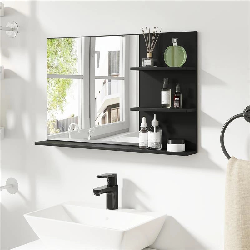 SPECCHIO BAGNO MODERNO CON 2 RIPIANI LATERALI E RIPIANO INFERIORE, IN LEGNO E VETRO, 75X10X48 CM, NERO