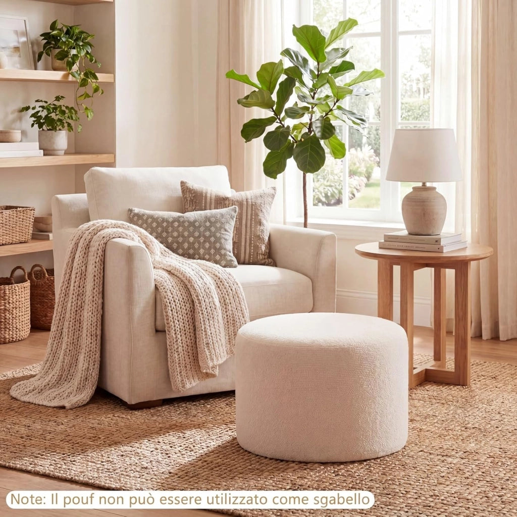 Pouf Ottomano Imbottito, Ø45 x 35 cm Poggiapiedi Rotondo con Tessuto in Filato Bouclé, Schiuma Morbida e Rivestimento Removibile, Poggiapiedi Divano per Camera da letto e Soggiorno, Beige