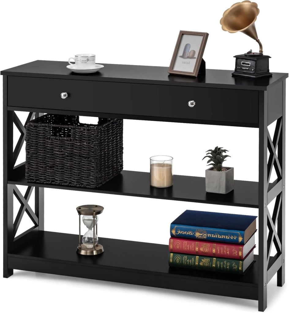 Ingresso per ingresso, console da ingresso stretta a 3 livelli con ampio cassetto per chiavi, orologi e gioielli, mobile ingresso per soggiorno e camera da letto, 100 x 30 x 80 cm (bianco)