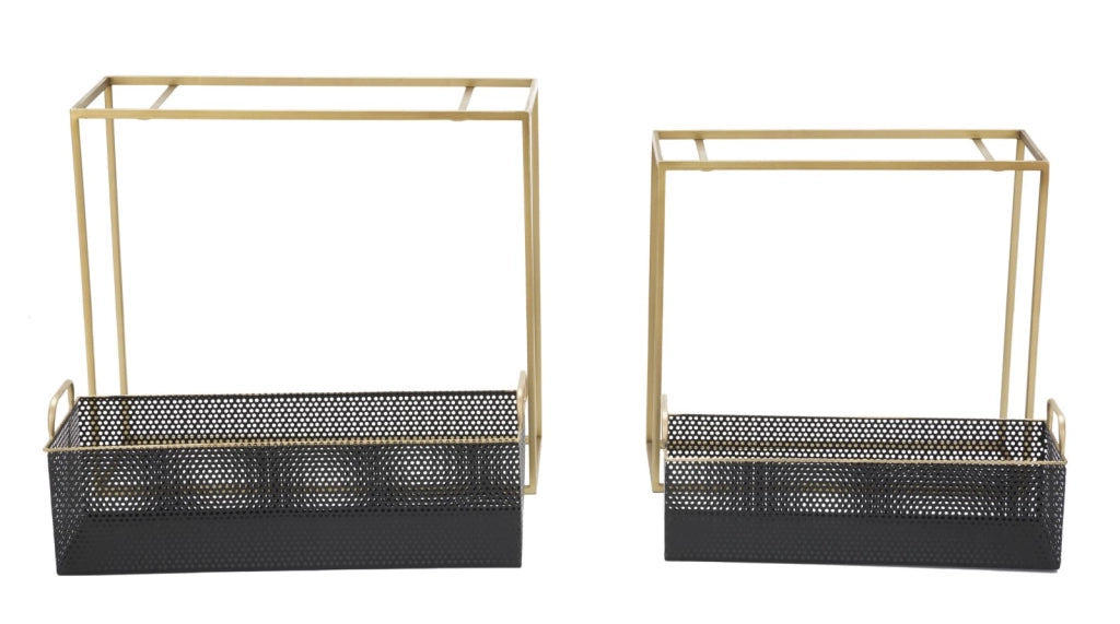 Porta Vasi Fashion Rettangolare Coppia 60x23x73,5-51x20x64 cm in Ferro Nero e Oro
