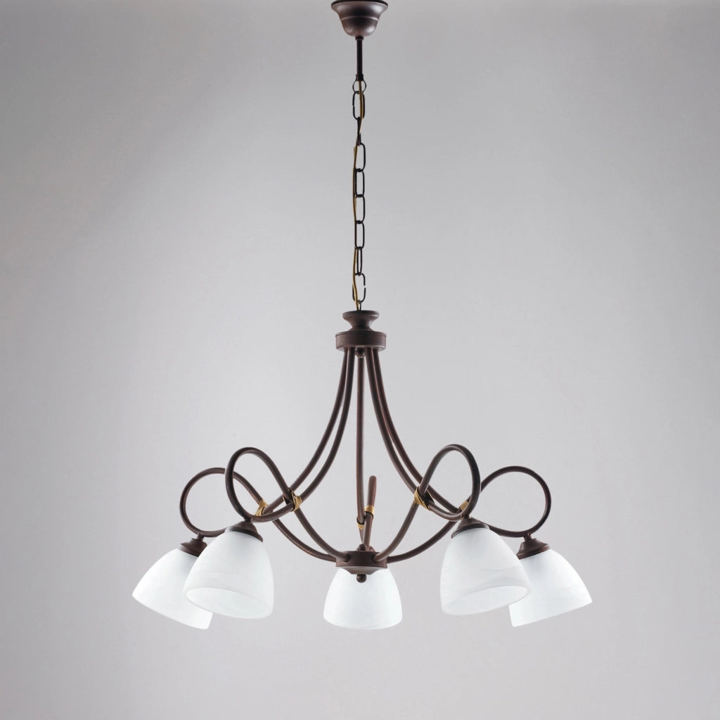 Lampadario 5 Luci Dallas BeLight Ferro Battuto Nero Ruggine Vetro Bianco