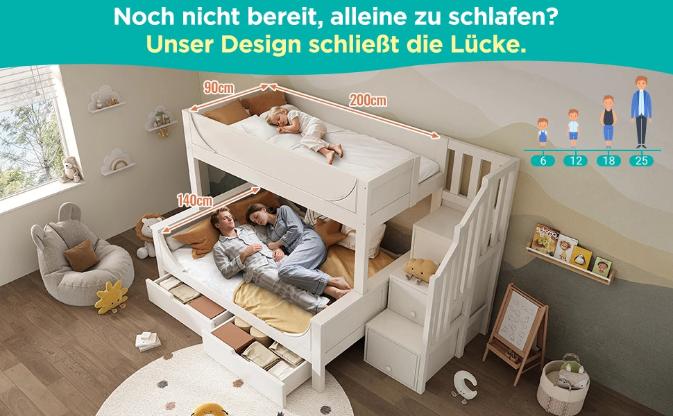 Letto a Castello con Schrank e Cassetti ¨C MINIMAL ¨C Legno Bianco 90x200 / 140x200