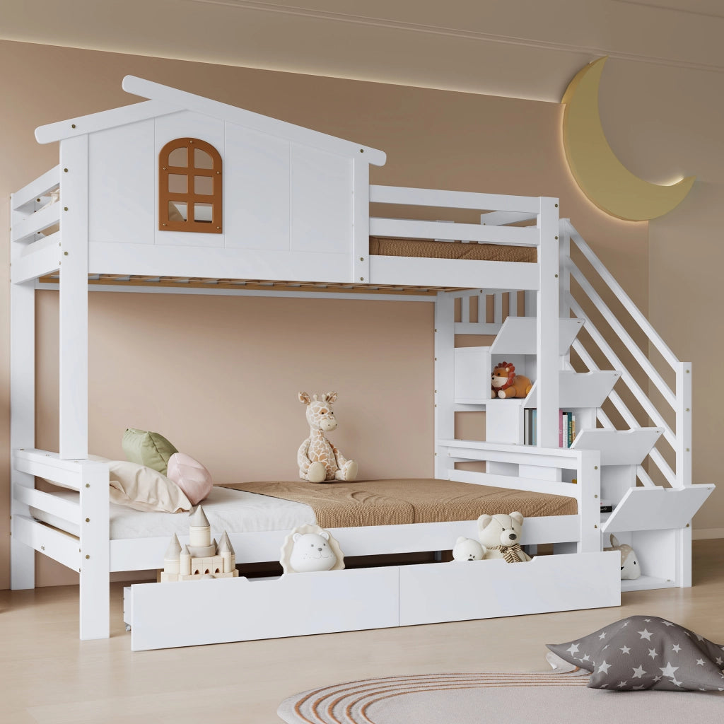 OKWISH Letto a Castello 90×200 cm e 120×200 cm, Letto 3 Posti con 2 Cassetti, Finestre e Scala ad Angolo, senza Materasso, Bianco Naturale