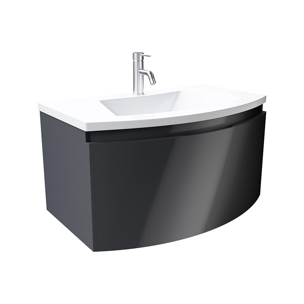 Mobile sospeso 100 cm grigio lucido con un cassetto e lavabo in ceramica, frontale curvo | Lula