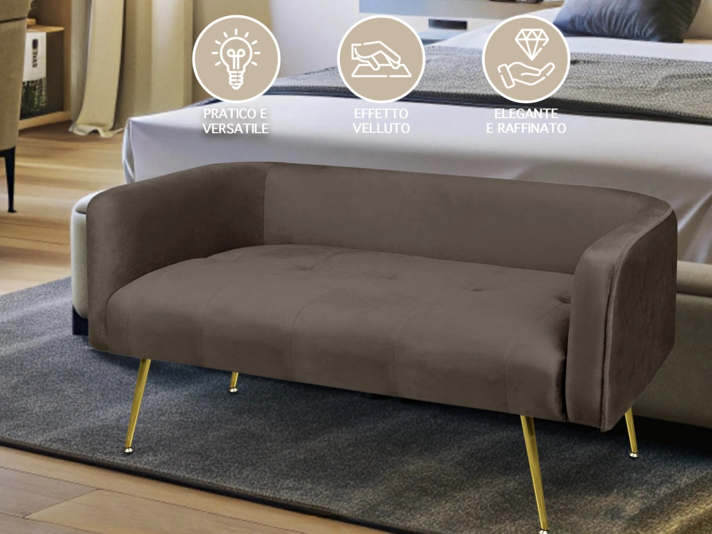 Divano Due Posti In Velluto Gambe In Acciaio Color Oro Divanetto 2 Persone 126x49x57 Cm Design Moderno Soggiorno Panca Pie Di Letto - Testa di moro