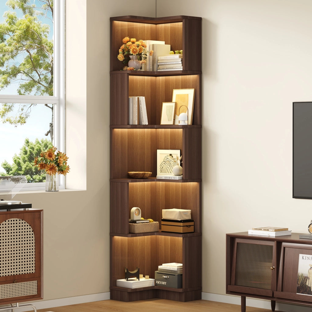 Libreria angolare a L con illuminazione LED, 63,5 x 45 x 175 cm, 5 ripiani, marrone