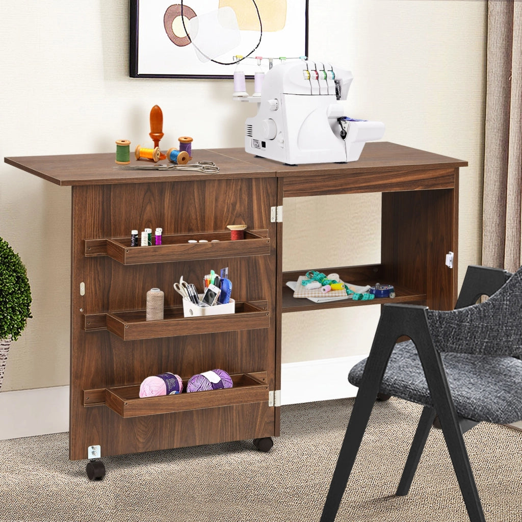 Mobiletto per macchina da cucire pieghevole Tavolo da cucito con mensole 117x40x78cm Marrone