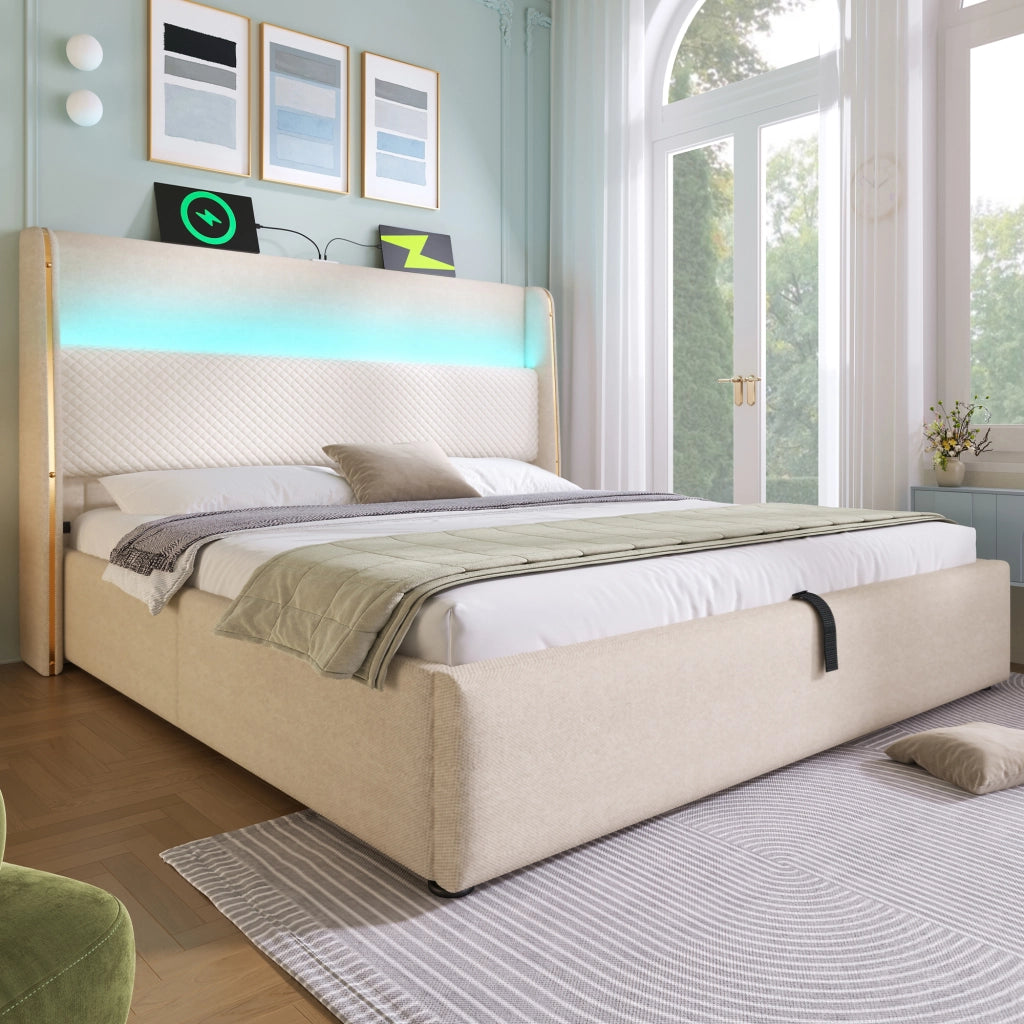 LETTO Contenitore idraulico 160x200 cm con LED e USB/Type-C in lino beige