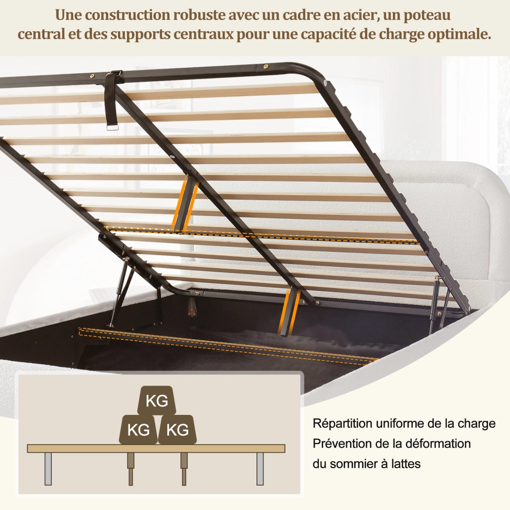 Letto Contenitore Matrimoniale 160x200 cm; Idraulico con Rete; in Bouclé Bianco