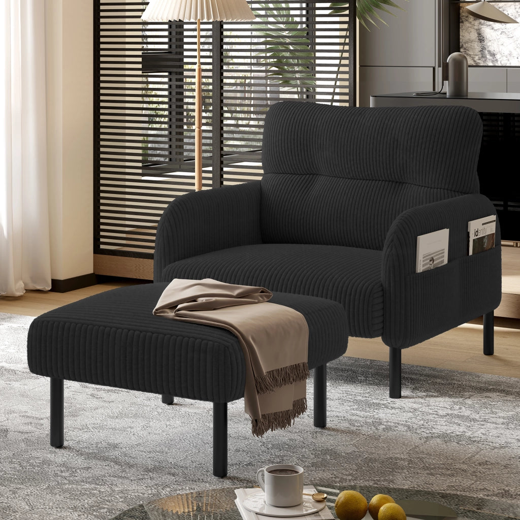 OKWISH Poltrona in Velluto a Coste, Seduta Profonda e Schienale Ergonomico con Tasche Laterali, Struttura in Metallo, Nera