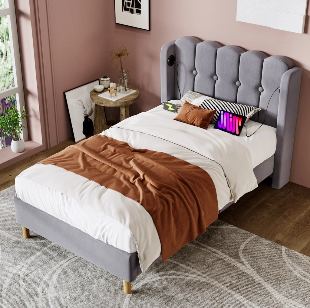 Letto singolo imbottito 90x200 cm in lino grigio con testiera USB e USB-C
