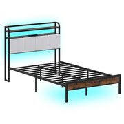 Struttura letto king size con luci LED e stazione di ricarica-Letto metallico piattaforma con testiera rivestita in lino