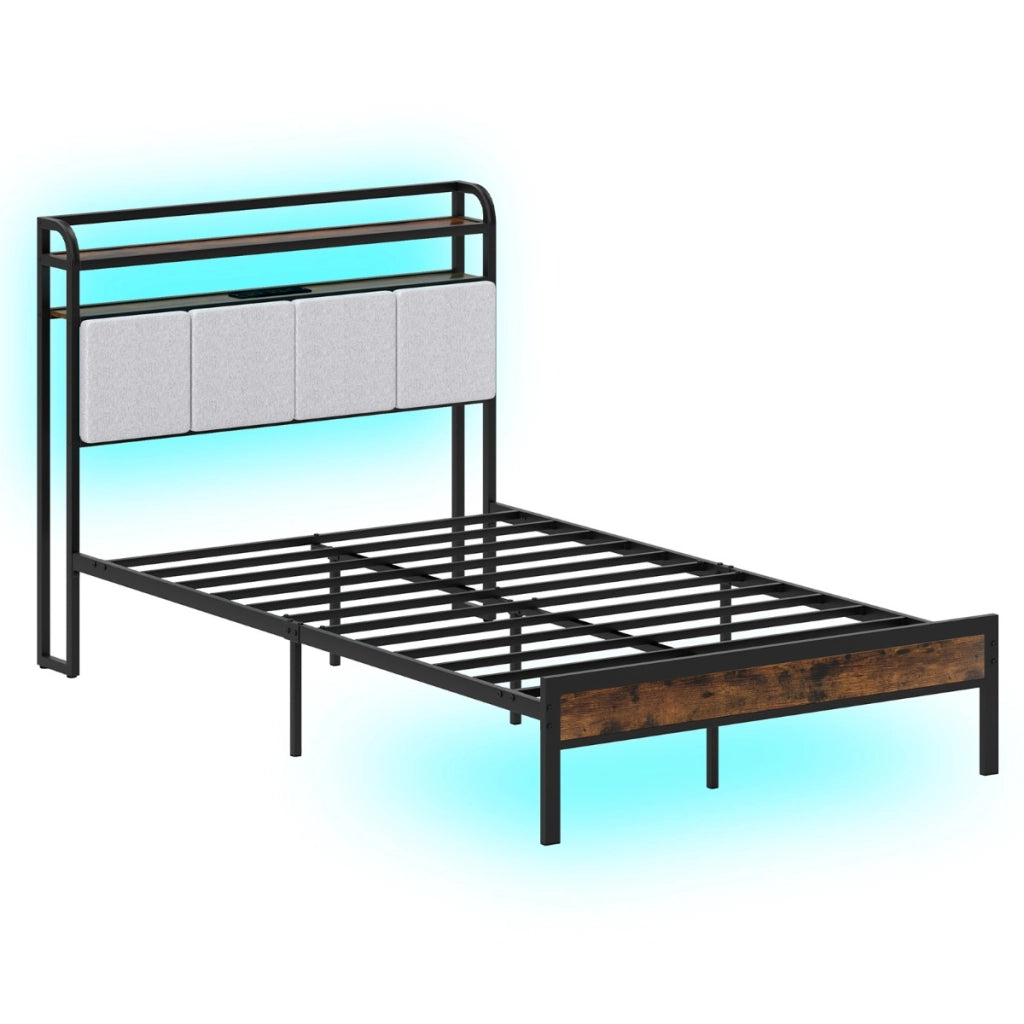 Struttura letto king size con luci LED e stazione di ricarica-Letto metallico piattaforma con testiera rivestita in lino