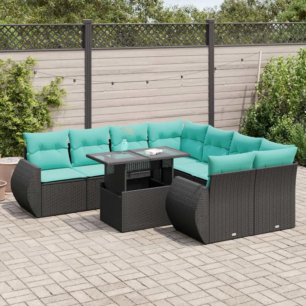 Set Divani da Giardino 9 pz con Cuscini Nero Polyrattan Acacia