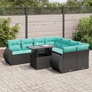 Set Divani da Giardino 9 pz con Cuscini Nero Polyrattan Acacia