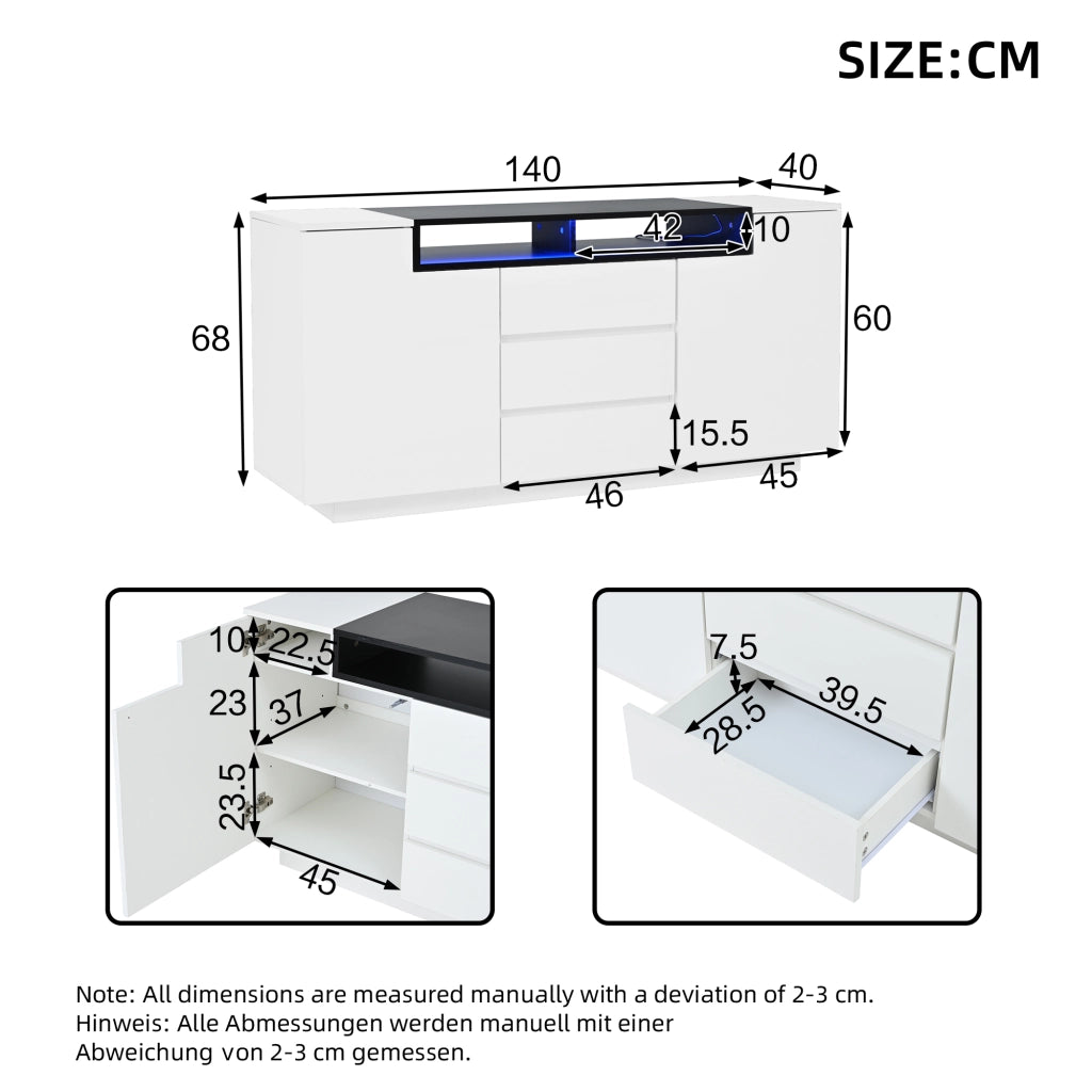 Credenza e madia con 2 ante, 3 cassetti, vani aperti e LED, per soggiorno, bianco e nero 140 × 40 × 68 cm