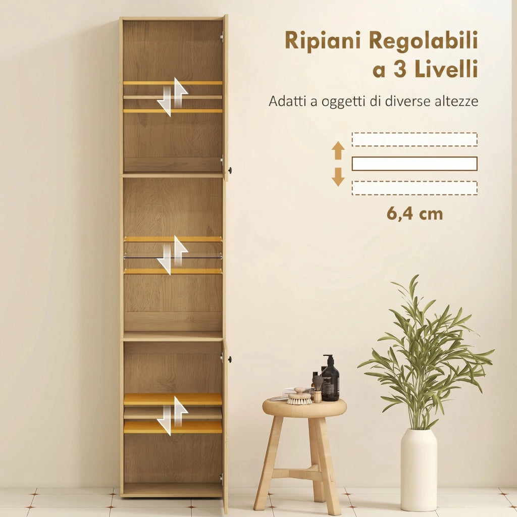 Mobile da Bagno a Colonna Slim 40x31x182H cm 6 Ripiani 2 Ante e Ripiano in Vetro Temperato in MDF Rovere